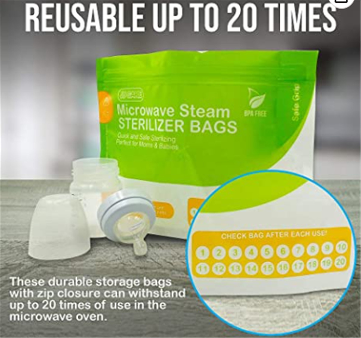 Microwave Bottle Sterilizer Bags Sterilizer Bags for Baby Bottles - 400 ການນໍາໃຊ້ - ຖົງໄອນ້ໍາໄມໂຄເວຟທີ່ໃຊ້ຄືນໃຫມ່ສໍາລັບຂວດເດັກນ້ອຍ - ຖົງຂ້າເຊື້ອແບັກທີເລຍ - ຖົງຂ້າເຊື້ອໄມໂຄເວຟ (3)